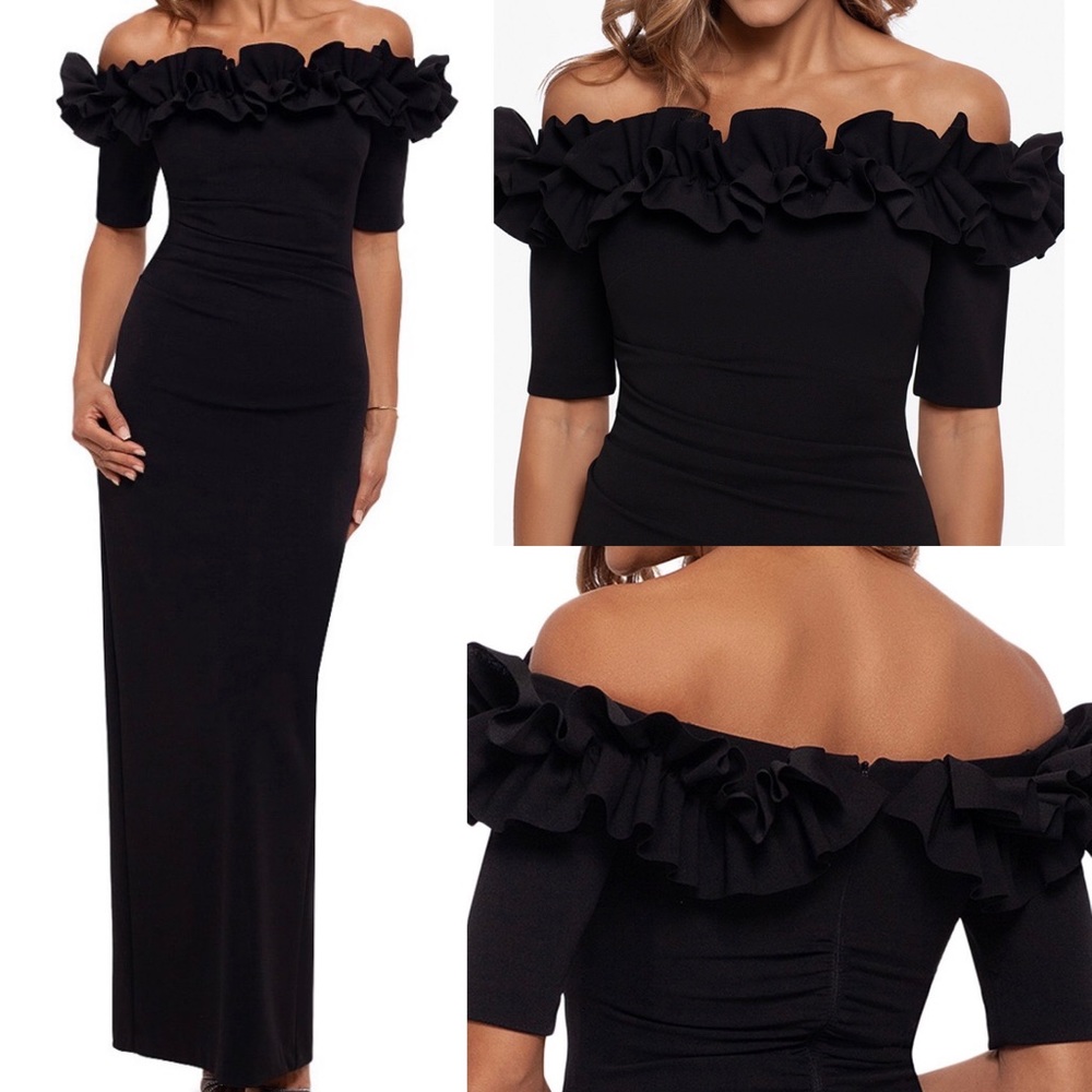 Xscape Black Off-Shoulder Ruffle Maxi Dress